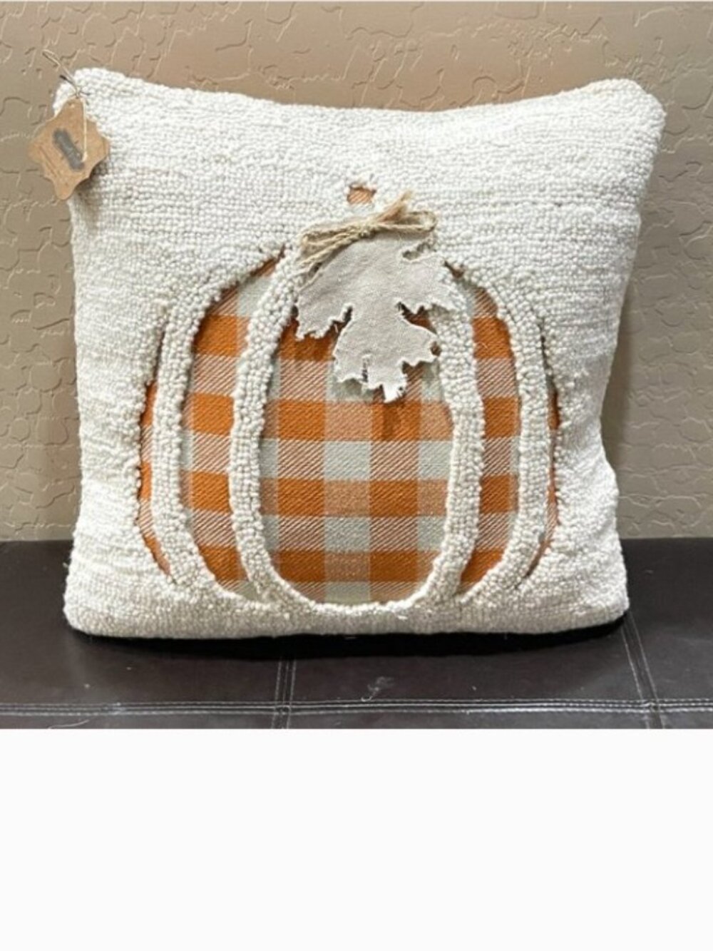 New Mud Pie Pumpkin Pillow Recessed Hooked White Orange Plaid Fall Halloween